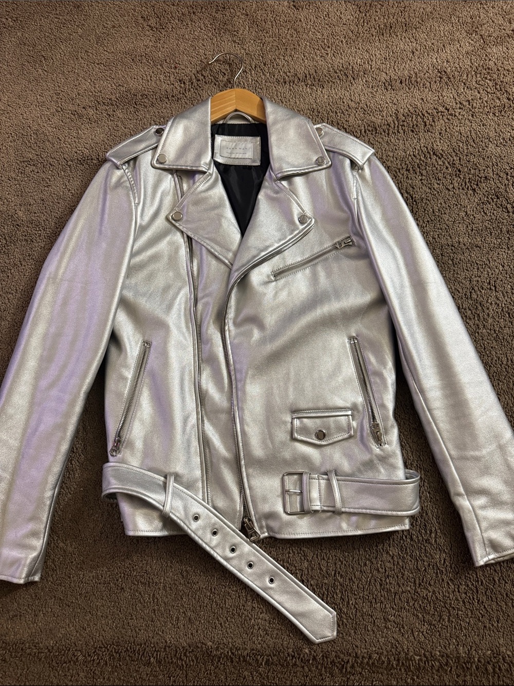 Zara Silver Metallic Biker Jacket with Belt- M